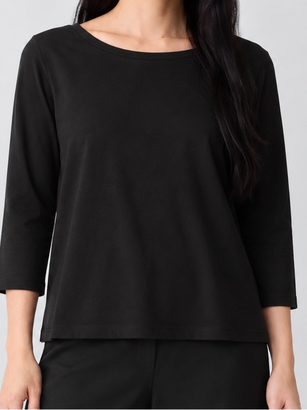 Eileen Fisher Black Cotton Boat Neck Boxy 3/4 Sleeve Top L
